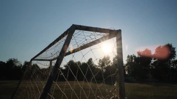 Football Goalposts Green Field Warm Sunny Day Evening — Wideo stockowe