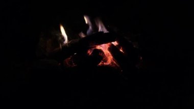 Geceleri ormanda kıvılcımlar saçan şenlik ateşi. Kamp ateşi..