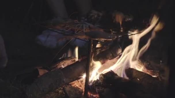 Руки Молодого Человека Кладущего Креветки Гриль Сжигаются Огне Повара Готовят — стоковое видео