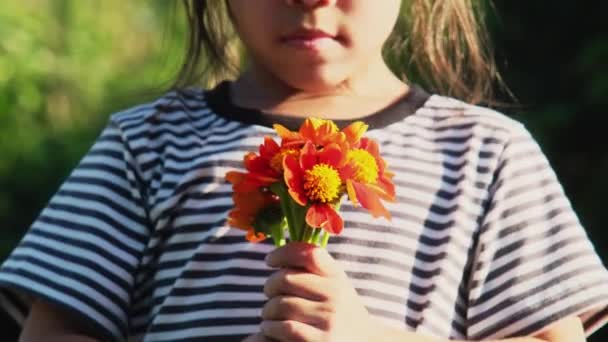 Słodka Dziewczynka Pachnie Kwiatami Bukietu Kwiatów Jej Ręce Słoneczny Letni — Wideo stockowe