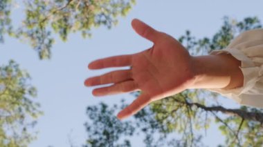 Sıcak ve güneşli bir günde aile fertlerinin elleri mavi gökyüzü arkaplanına karşı birleşir. Mutlu insanlar ya da takım katılımı.