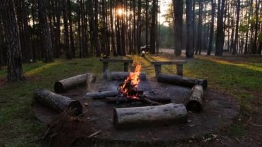 Şenlik ateşi ve alacakaranlıkta kamp ateşinin etrafında oturmak için odunlar..
