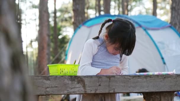 Niña Para Colorear Fotos Camping Bosque Pinos Ocio Creativo Para — Vídeos de Stock