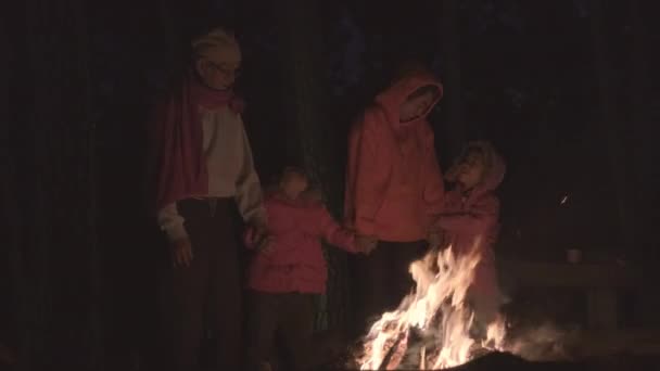 Familjen Värmer Nära Lägerelden Skogen Och Har Ett Samtal Natt — Stockvideo