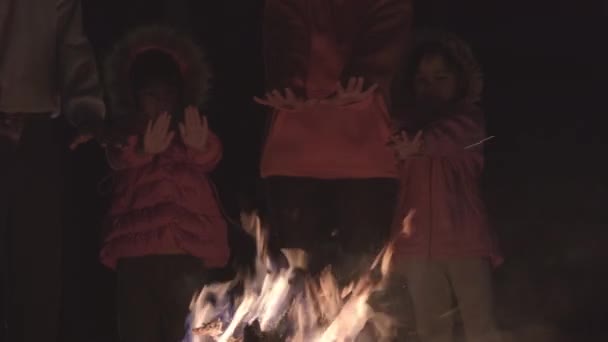 Rodzina Ogrzewa Się Przy Ognisku Lesie Prowadzi Rozmowę Nocny Kemping — Wideo stockowe