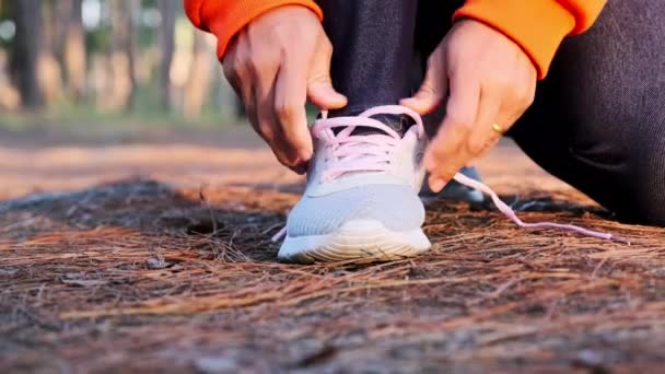 Female Runner Kneeling Tying Shoelace Preparing Run Forest Trail Morning — Vídeo de Stock