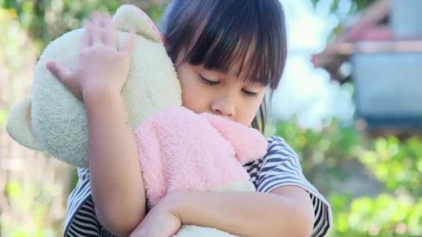 Cute Little Girl Holding Embracing Her Doll Children Playing Stuffed — Stock Video
