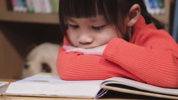 Menina Gira Está Ler Livro Pequena Menina Asiática Adorável Estudando — Vídeo de Stock