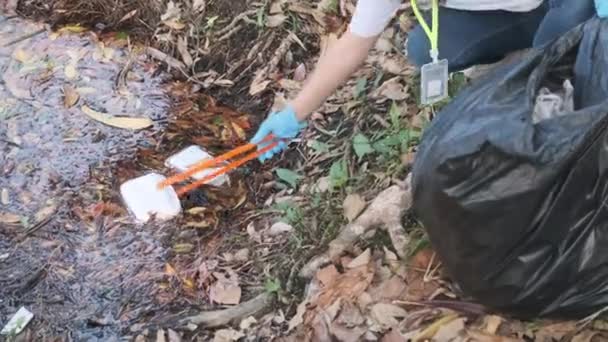 Asyalı Gönüllü Aileler Nehir Kenarında Çöp Plastik Topluyorlar Çevreyi Kurtarmak — Stok video