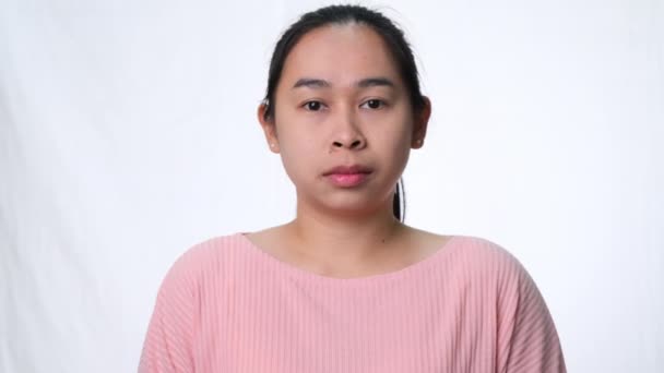 Angry Asian Woman Standing Arms Crossed Looking Camera White Background — Stock Video