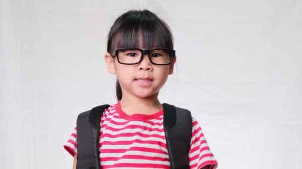 Happy Schoolgirl Wearing Casual Outfit Backpack Showing Thumbs Gesture White — Stock Video