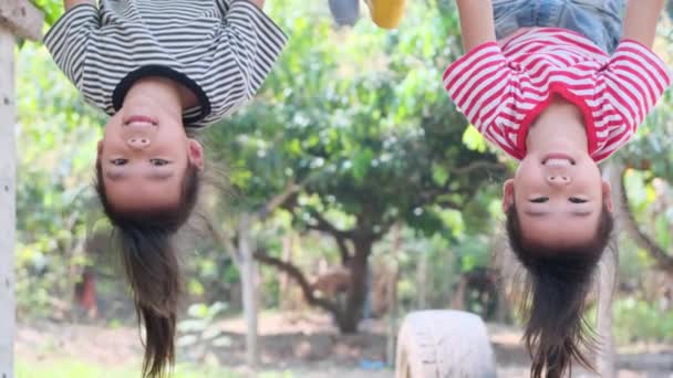 两个可爱的亚洲兄弟姐妹倒挂在花园里的树上 快乐的孩子们高兴地爬上了树 — 图库视频影像
