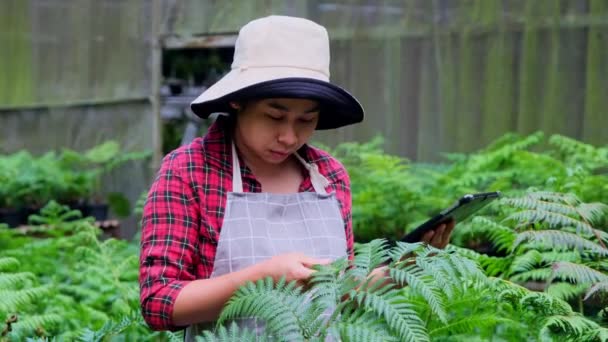 Belle Femme Jardinière Utilise Une Tablette Tout Travaillant Dans Une — Video