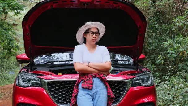 Stresowana Kobieta Kierowca Wzywa Pomoc Samochodową Stoi Przed Otwartym Kapturem — Wideo stockowe
