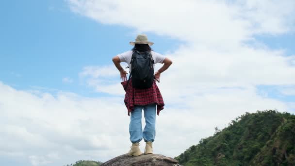 Joven Mujer Excursionista Asiática Impermeable Rojo Pie Cima Montaña Con — Vídeo de stock