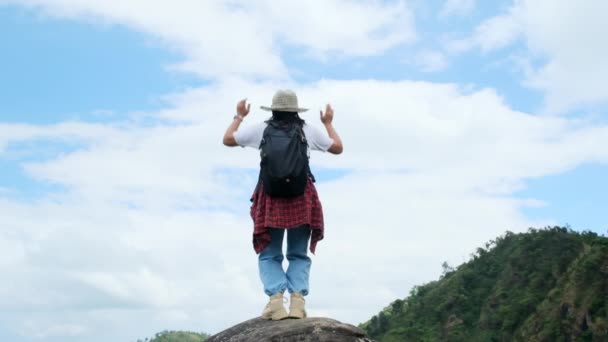Young Asian Hiker Woman Red Raincoat Standing Top Mountain Raised — Stock Video