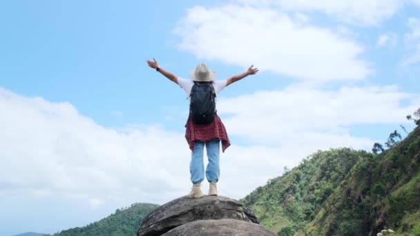 Young Asian Hiker Woman Red Raincoat Standing Top Mountain Raised — Stock Video