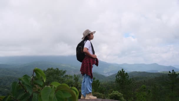 Backpacking Female Hiker Stands Top Mountain Enjoying View Journey Success — Stock Video