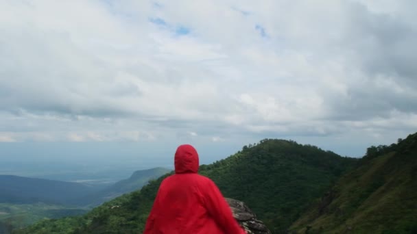 Young Asian Hiker Woman Red Raincoat Standing Top Mountain Raised — Stock Video