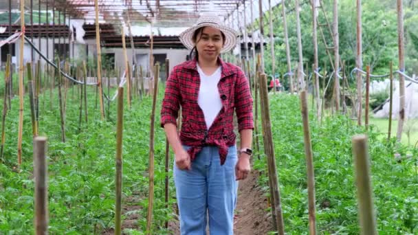 Boldog Ázsiai Kertész Áll Keresztbe Tett Karokkal Nézi Kamerát Kertben — Stock videók