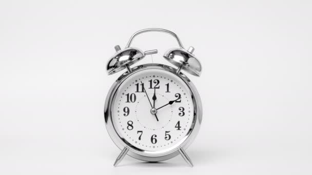 Time Lapse Retro Alarm Clock Running Isolated White Background Twelve — Video Stock