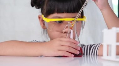 Çocuklar sınıfta öğreniyor ve fen deneyleri yapıyorlar. Evde eğitim için bilim deneyi yapan küçük bir kız. Evdeki çocuklar için kolay ve eğlenceli bilimsel deneyler..