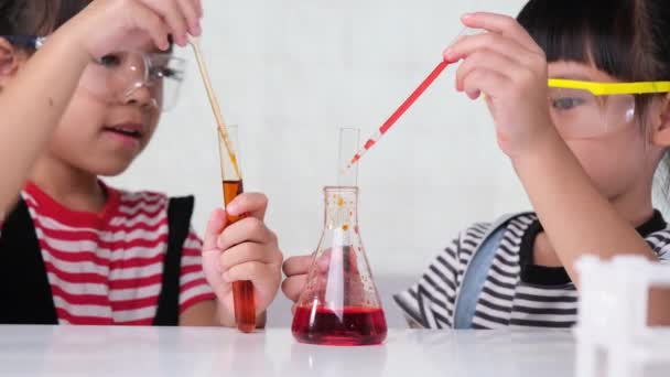 Děti Učí Provádějí Vědecké Experimenty Třídě Dvě Malé Sestry Hrající — Stock video