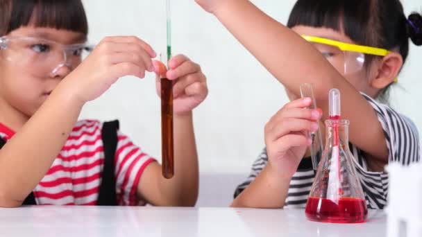 孩子们正在教室里学习和做科学实验 两个妹妹在做家教科学实验 在家里给孩子们做简单有趣的科学实验 — 图库视频影像
