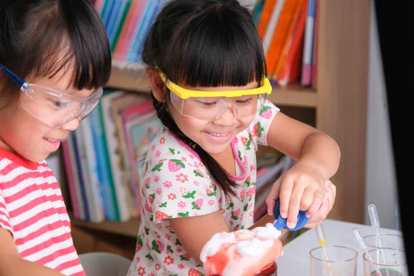 Çocuklar Sınıfta Öğreniyor Fen Deneyleri Yapıyorlar Küçük Kız Kardeş Evde — Stok fotoğraf