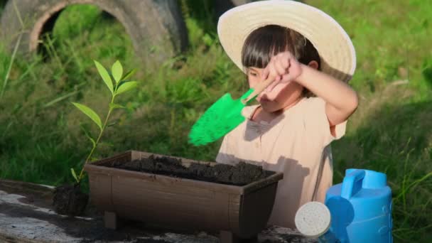 Маленька Дівчинка Капелюсі Допомагає Мамі Саду Маленькому Садівнику Мила Дівчина — стокове відео