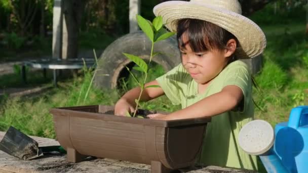 Egy Kalapos Kislány Segít Anyjának Kertben Egy Kis Kertész Aranyos — Stock videók