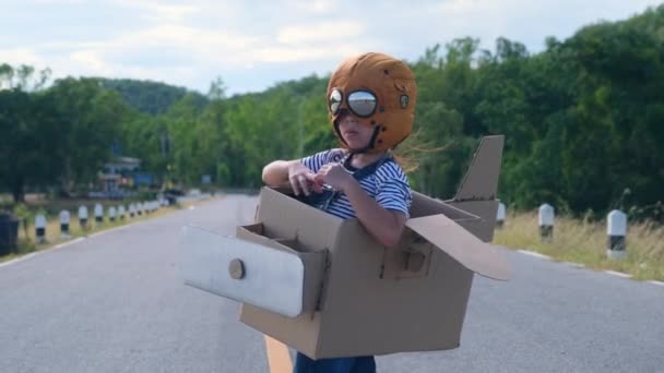 Cute Dreamer Little Girl Running Lakeside Road Cardboard Plane Sunny — Stock Video