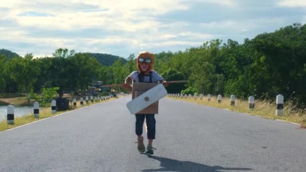 阳光灿烂的日子里 一个可爱的梦中小女孩在湖边的路上驾驶着纸板飞机 快乐的孩子在蓝天背景下玩纸板飞机 童年梦想的概念 — 图库视频影像