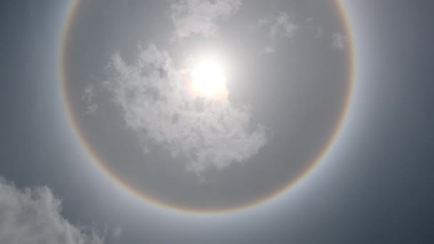 Aerial View Sun Circular Rainbow Surrounded Bright Skies White Clouds — Stockvideo