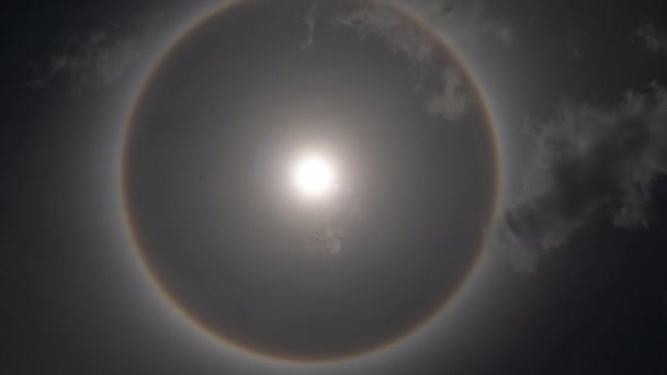 Aerial View Sun Circular Rainbow Surrounded Bright Skies White Clouds — Stockvideo