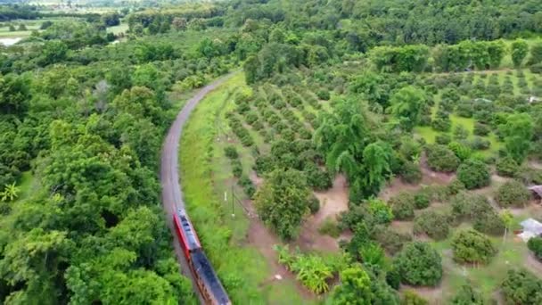 Drone Footage Diesel Locomotive Passenger Train Rural Railroad Track Moving — Αρχείο Βίντεο