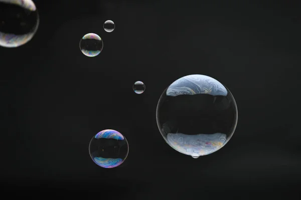 Flying Soap Bubbles Black Background Abstract Soap Bubbles Colorful Reflections — Stockfoto