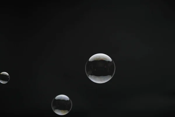 Flying Soap Bubbles Black Background Abstract Soap Bubbles Colorful Reflections — Stock Photo, Image