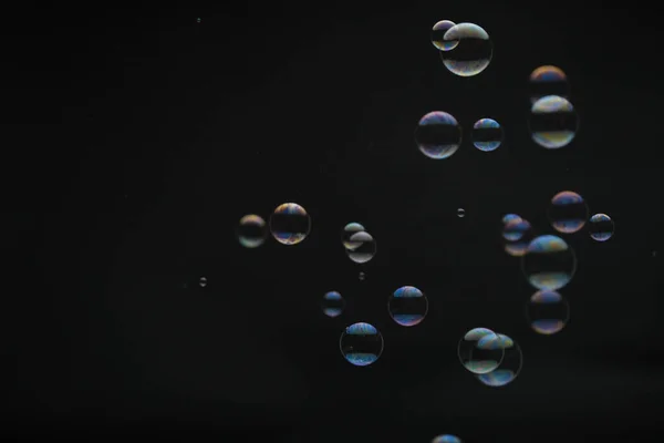 Flying Soap Bubbles Black Background Abstract Soap Bubbles Colorful Reflections — Stock Photo, Image