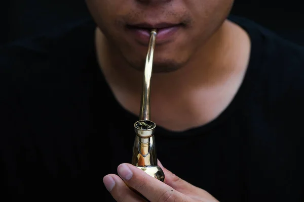 Asian Man Smokes Marijuana Pipe Home Studio Shoot Model Simulating — Stock Photo, Image