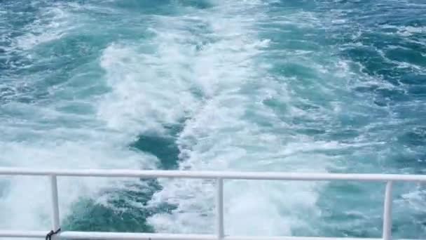 Bright Sea Water Trail Ferry Summer Boat Leaving Churning Sea — Stock Video