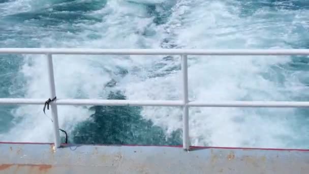 Bright Sea Water Trail Ferry Summer Boat Leaving Churning Sea — Stock Video