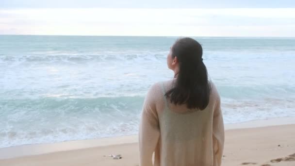 Portrait Beautiful Asian Woman Smiling Relaxing Beach Young Woman Strolling — Vídeos de Stock