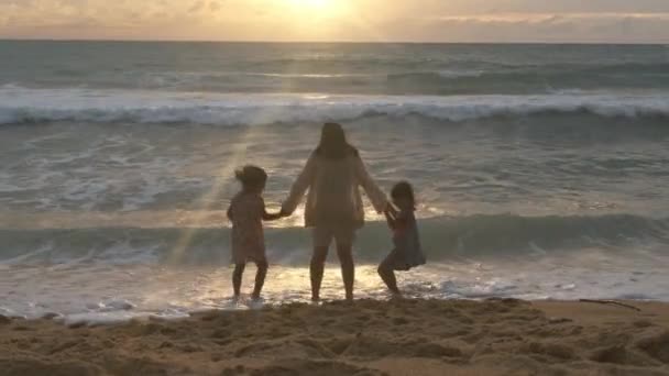 Happy Asian Family Mother Daughters Having Fun Playing Beach Summer — Wideo stockowe