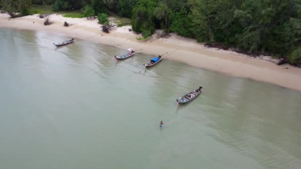 Aerial View Drones Fishing Boats Shore Low Tide Top View — Stock video