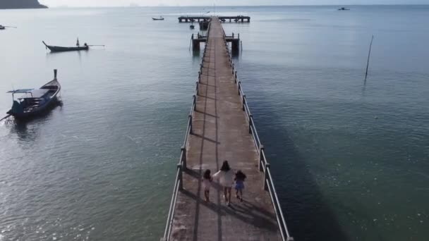 Вид Воздуха Беспилотника Счастливой Азиатской Семьи Матери Дочерей Веселящихся Бегая — стоковое видео
