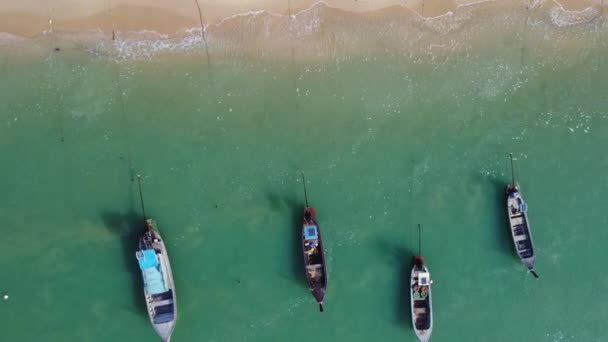 Aerial View Drones Fishing Boats Shore Low Tide Top View — Stock video