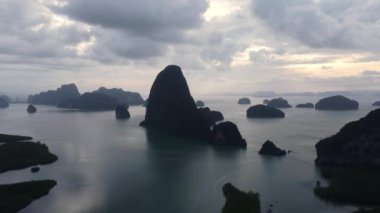 Aerial view of Phang Nga Bay Surrounded by limestone mountains and fertile mangrove forests in the Andaman Sea. Phang Nga, Thailand. Samet Nangshe, Unseen thailand.