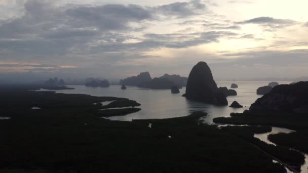 Aerial View Samet Nangshe Mangrove Forest Sunset Phang Nga Bay — Stockvideo