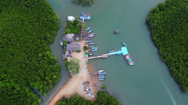 Aerial View Thai Traditional Longtail Fishing Boats Pier Phang Nga — Stockvideo